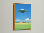 This UFO art print is presented in a gold frame. The artwork combines sci fi themes with a vintage feel. The surreal landscape painting is visually striking. The gold frame adds a touch of elegance. This is perfect for collectors of unique space artwork.