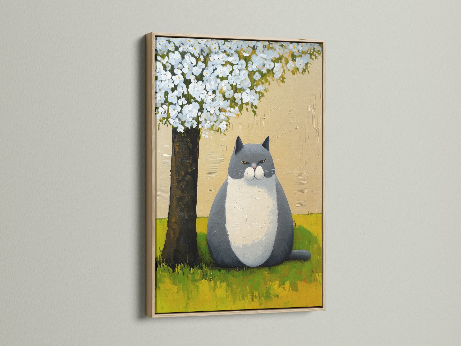This artwork shows a whimsical cat art print displayed in an oak frame. This is a peaceful garden canvas wall art. The cute animal illustration is perfect for nursery room decor or a cat lover gift.