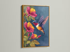 The gold frame adds a touch of elegance to the hummingbird and hibiscus flowers artwork. The metallic finish enhances the artwork's beauty. This artwork is a luxurious addition to your art collection. Explore framed artwork options.