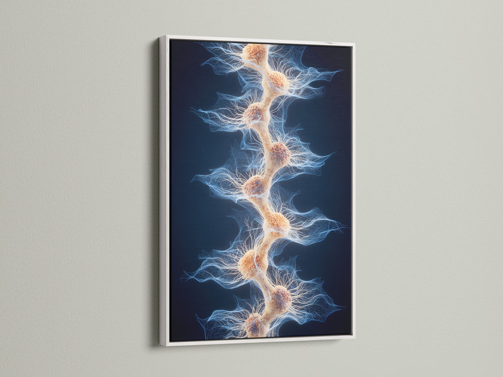 The artwork is displayed in a floating white frame. The white frame gives the artwork a modern look. The art piece is displayed against a white wall. The frame is a great choice for any room. Get yours today and display your art.
