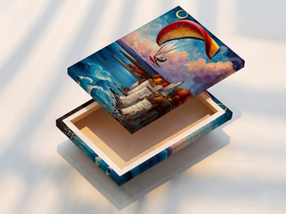A stretched canvas print of the paragliding artwork. The artwork shows a vibrant coastal cliffside scene with blue waters. The stretched canvas provides a gallery-ready look. This print is perfect for adding a touch of coastal charm to any space. Its high-quality ensures lasting beauty. The artwork brings a sense of adventure to your walls.