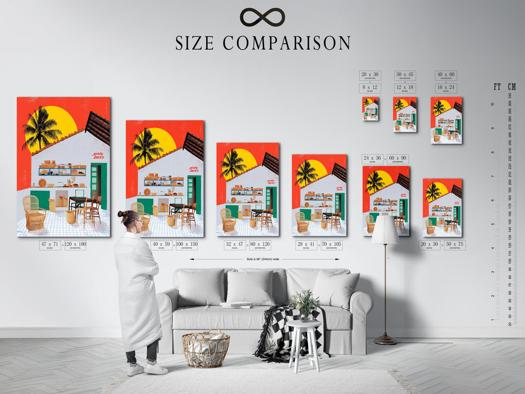 A size comparison chart in an interior setting is shown. Various sizes of coastal kitchen artwork are displayed. Tropical palm wall art options are available. Find the perfect size for your island decor. Ideal for vacation home artwork. Choose the right coastal artwork.