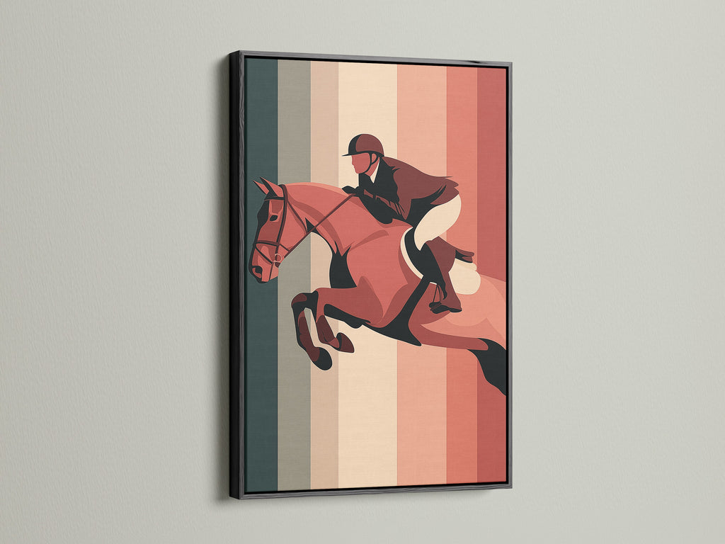 The artwork is presented in a black frame. The black frame creates a bold and classic statement. The art features a horse and rider in action. The frame enhances the artwork beautifully. A sophisticated choice for any art lover.