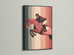 The artwork is presented in a black frame. The black frame creates a bold and classic statement. The art features a horse and rider in action. The frame enhances the artwork beautifully. A sophisticated choice for any art lover.