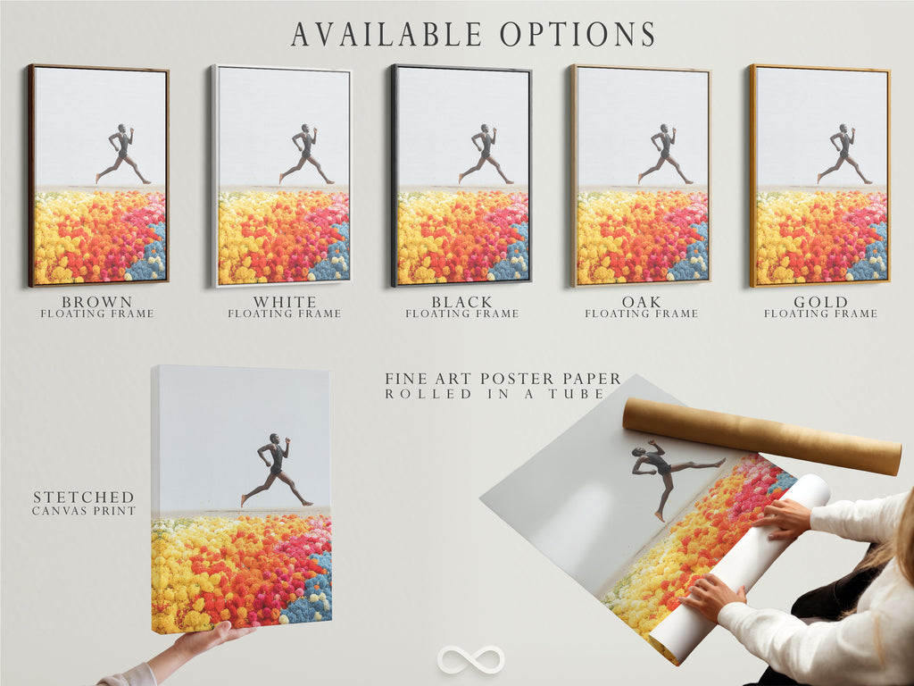Available options include a stretched canvas print fine art poster paper and floating frame. The Runner artwork can be customized to fit your space. Find the perfect modern art piece for your decor today.