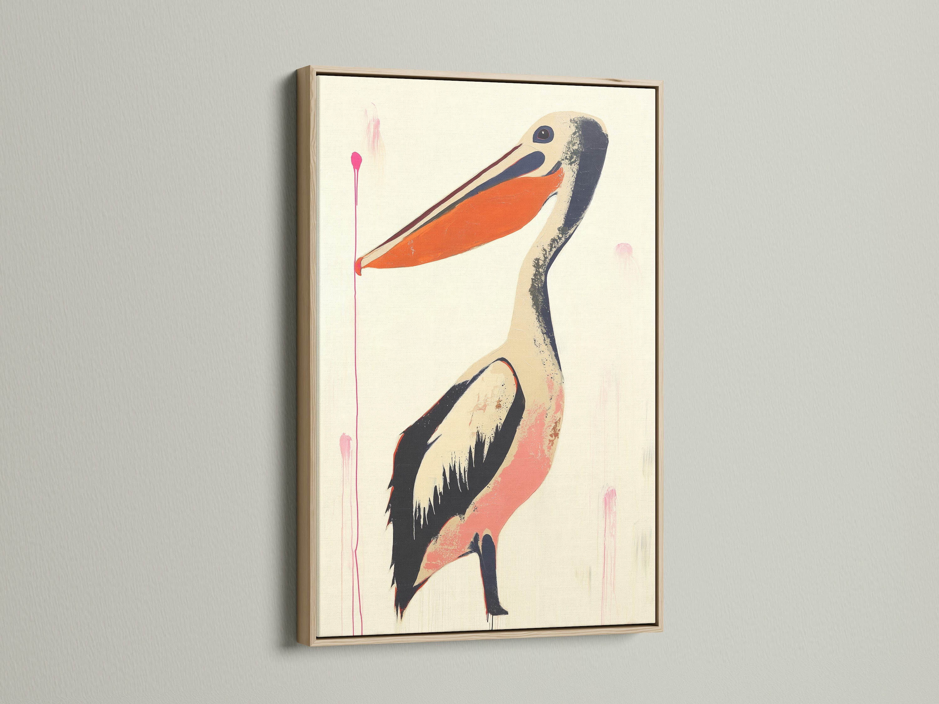 Pelican artwork is displayed in an oak frame. The oak frame adds warmth. It enhances the artwork's natural tones. Perfect for adding a touch of rustic elegance to your home decor. This frame is a beautiful choice.
