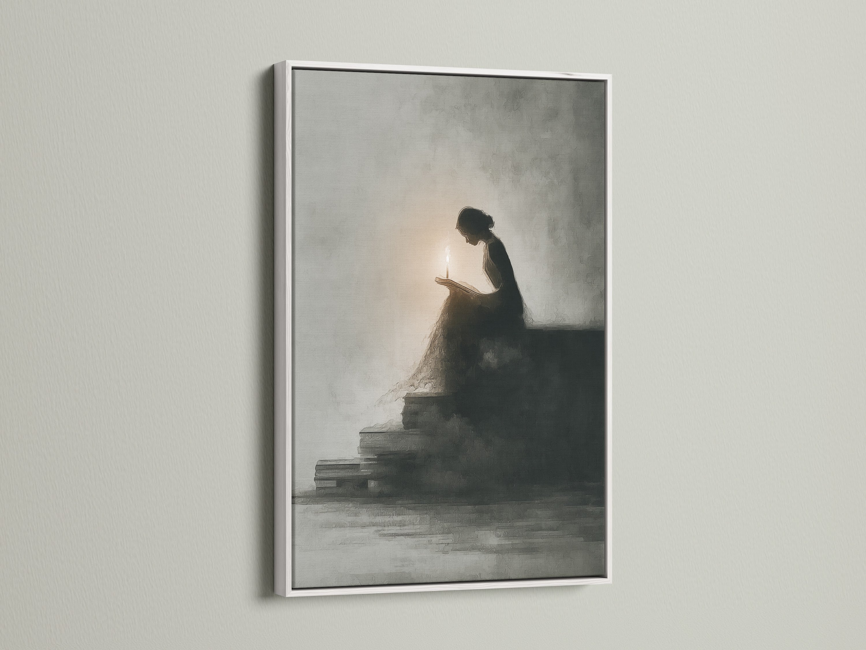Woman reading by candlelight art in a white frame. A vintage poster adds character to any wall. This book lover gift is ideal for gothic wall art. This reading woman enhances your library art.