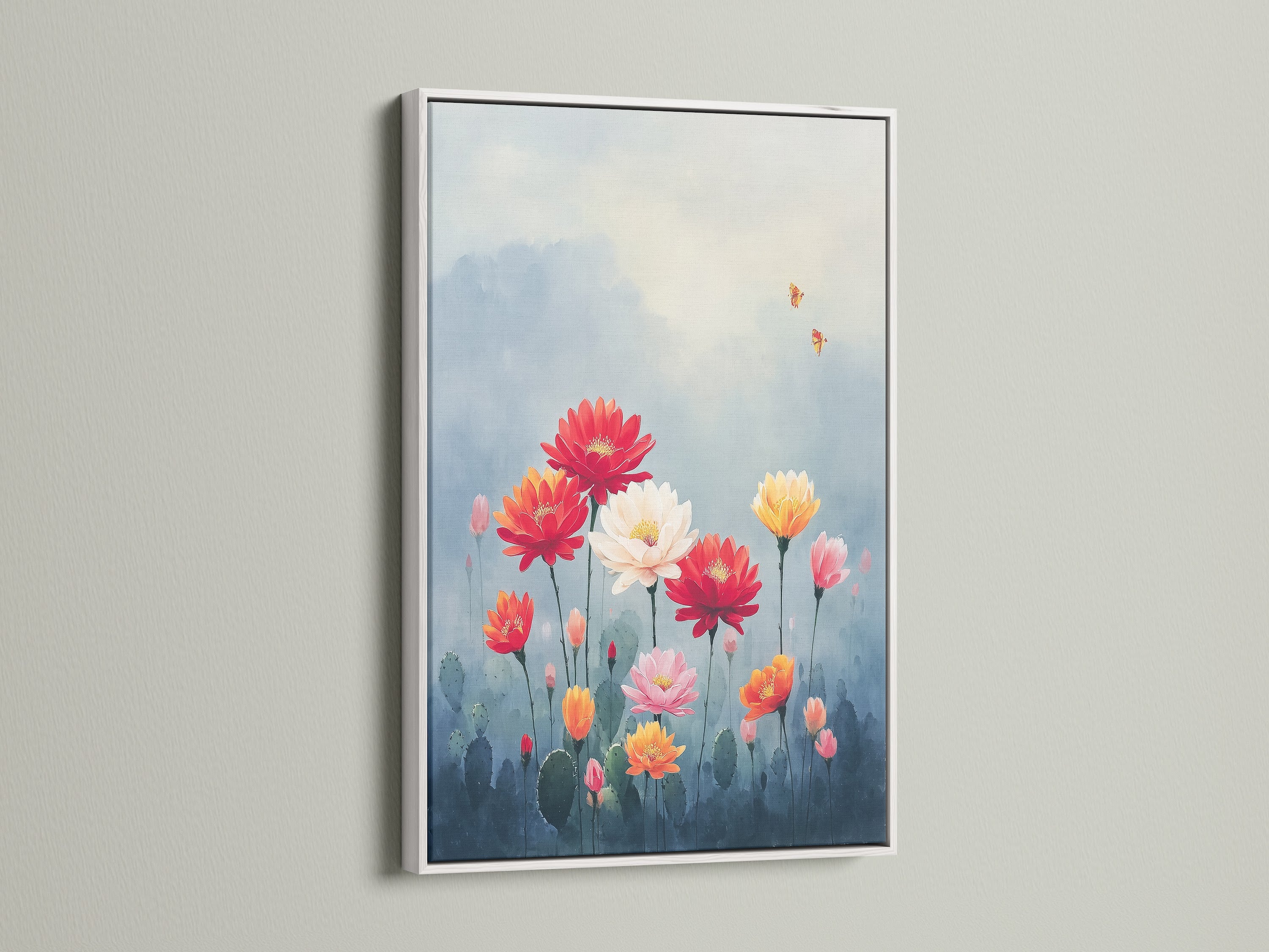 A white frame surrounds this floral canvas print. The botanical artwork provides a clean and modern look. The desert flower art complements a southwestern style. This flower artwork is ideal for creating a serene and stylish space.