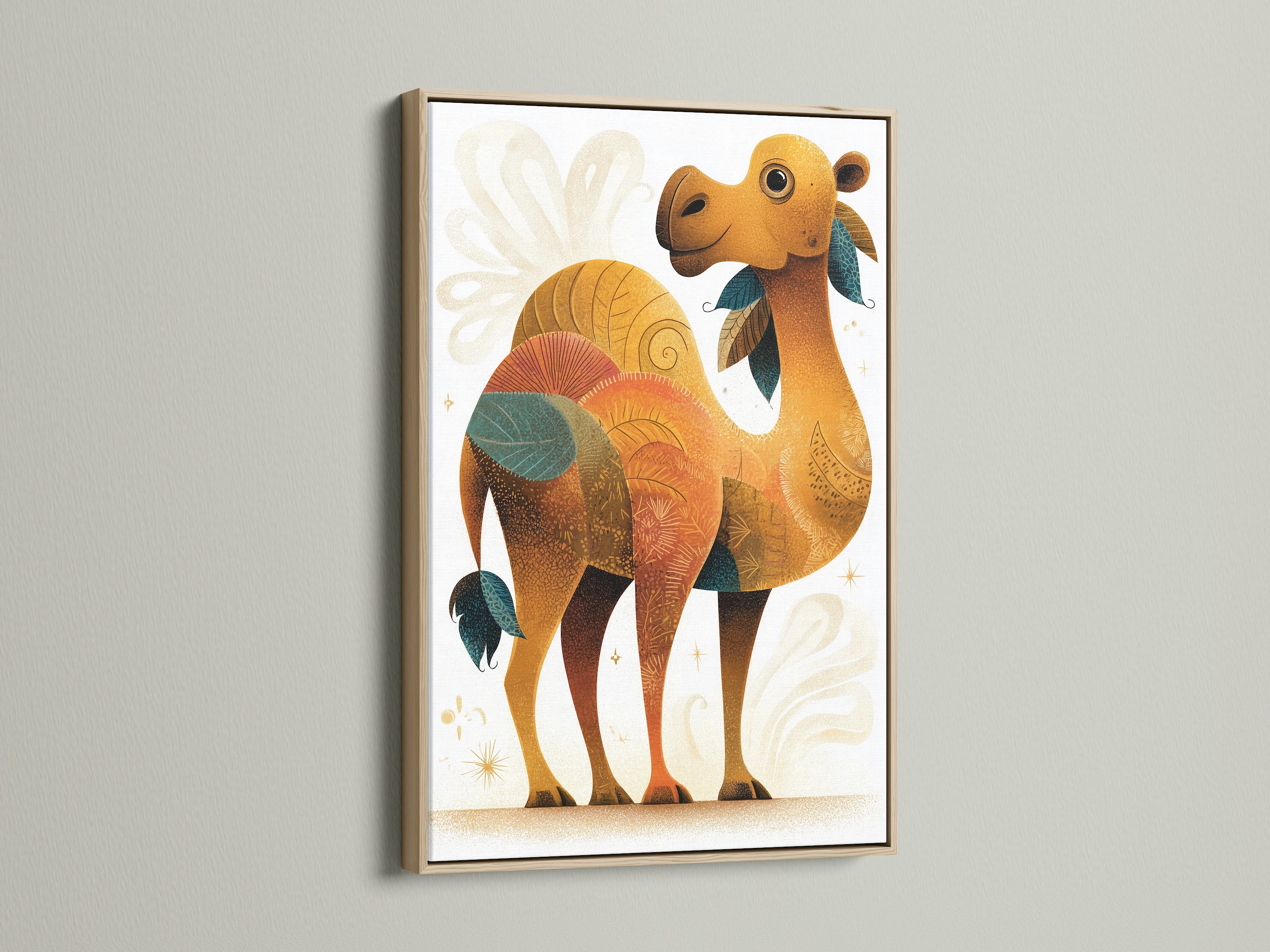 Artwork featuring a whimsical camel illustration in an oak frame. The natural wood grain adds warmth to any room. Discover the beauty of framed artwork for your space now.