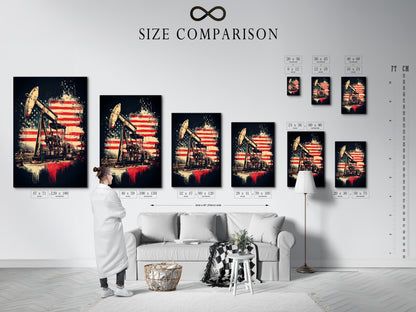 Size comparison chart in an interior setting displaying the oil rig and American flag artwork. See how this patriotic print fits in various spaces. The industrial decor blends American symbolism with vintage style. Perfect for homeowners renters and business owners looking to add unique art.