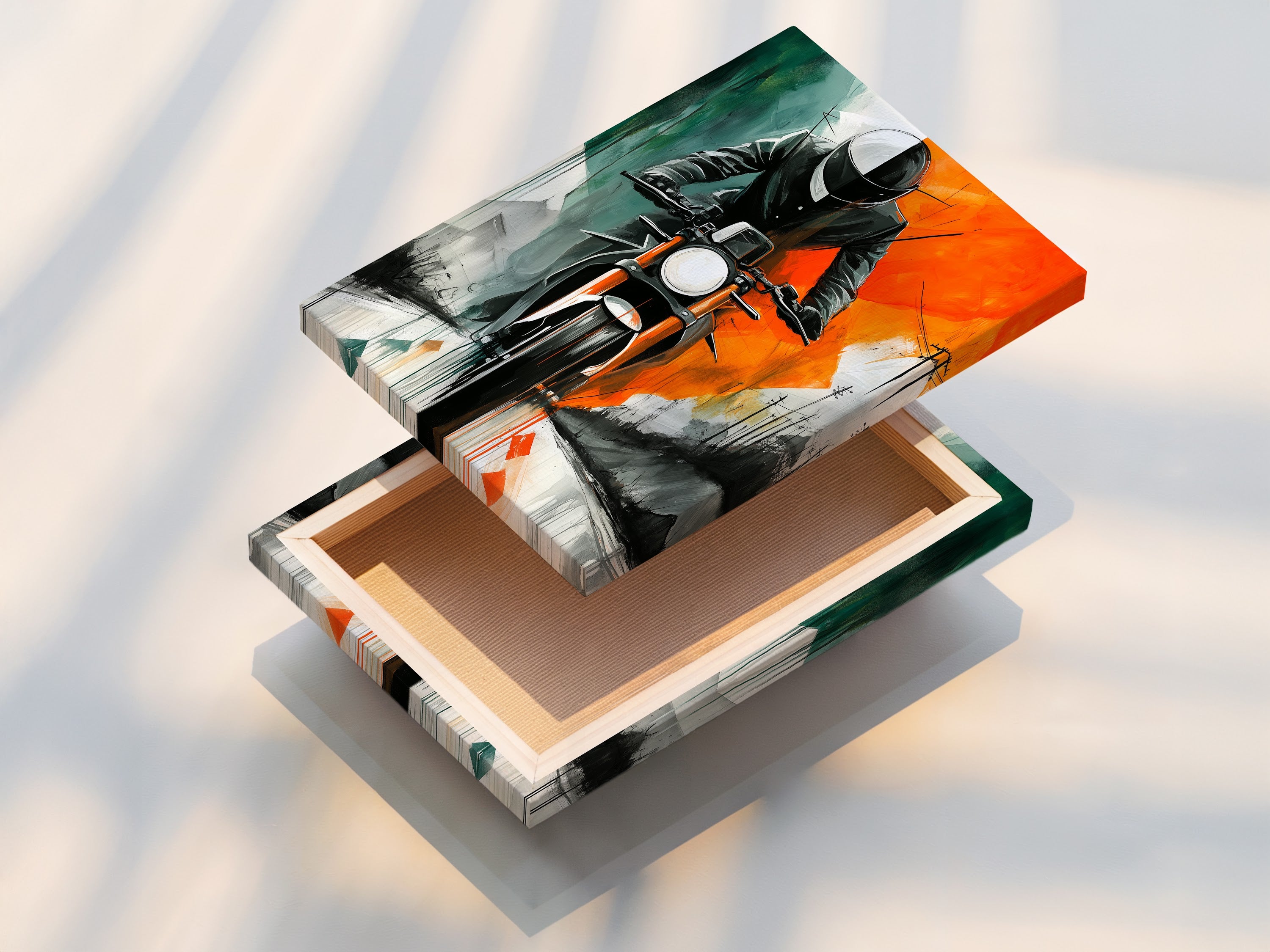 Stretched Canvas Print of Motorcycle Art. This stretched canvas print showcases the vibrant motorcycle art. The orange and teal colors bring a retro feel to the artwork. Ideal for garage wall art or as a statement piece in any room.