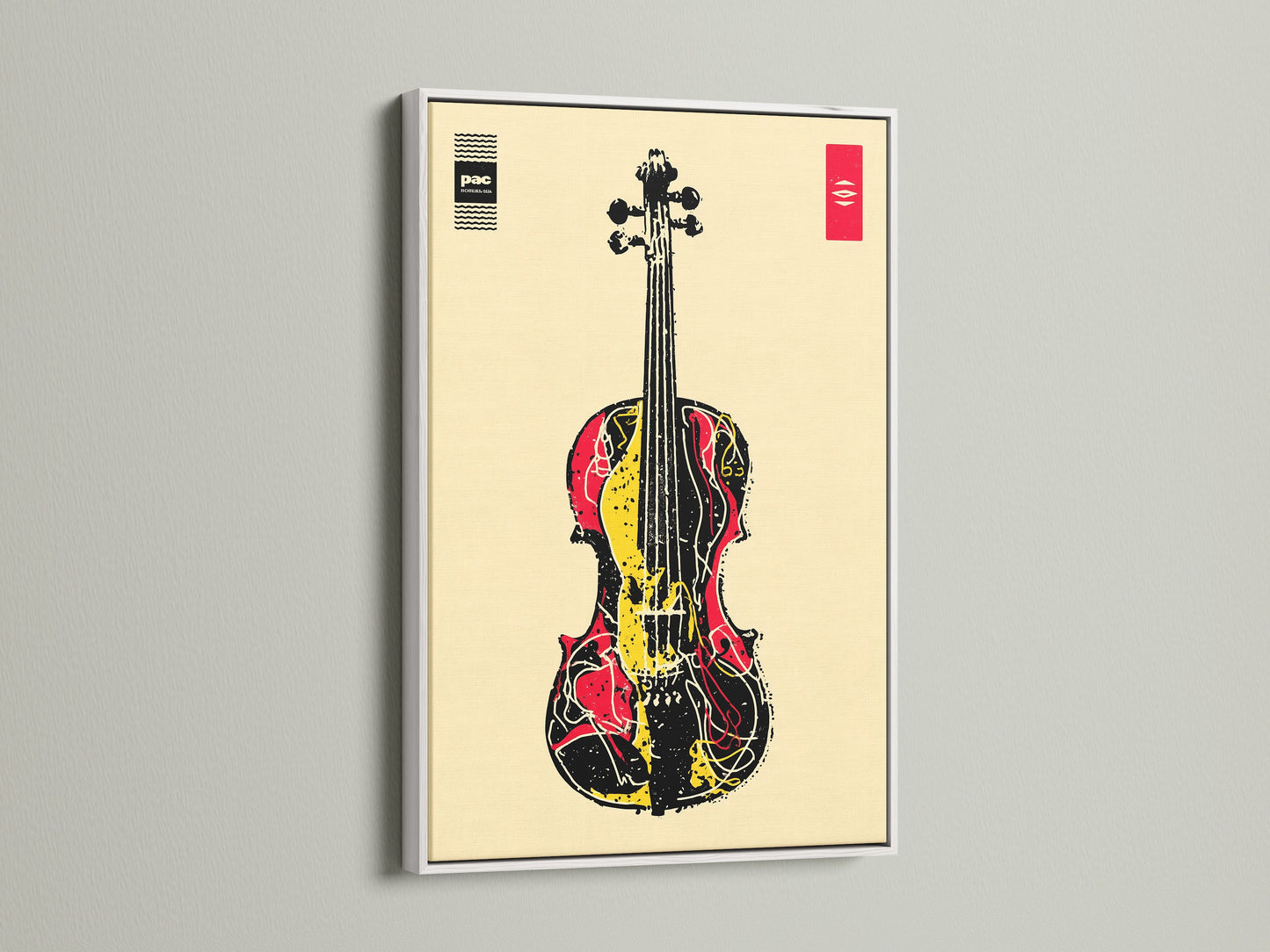 The white frame showcases abstract musical instrument artwork. It is ideal for music enthusiasts. This violin art print adds a touch of elegance. It suits minimalist modern or eclectic styles. Perfect for band rooms studios and music schools. A modern artwork for music lovers.