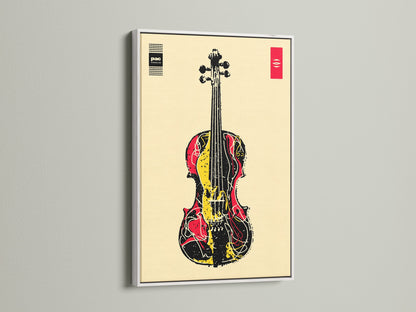 The white frame showcases abstract musical instrument artwork. It is ideal for music enthusiasts. This violin art print adds a touch of elegance. It suits minimalist modern or eclectic styles. Perfect for band rooms studios and music schools. A modern artwork for music lovers.