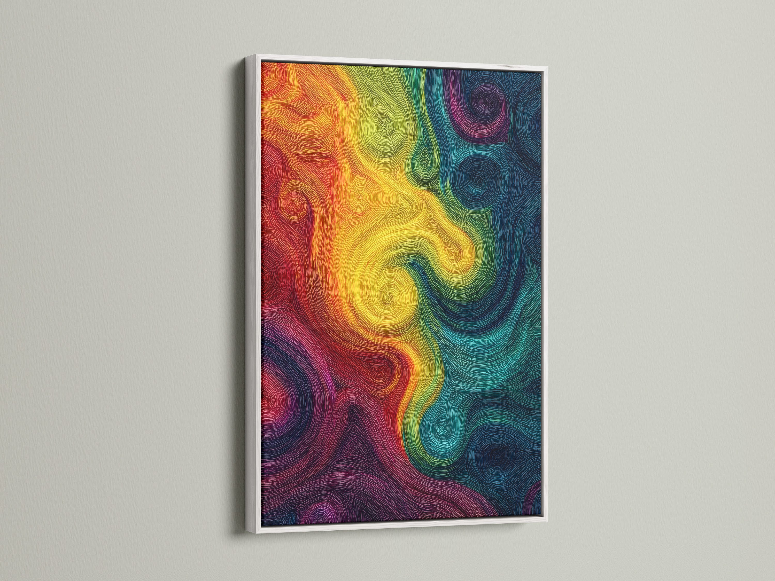 An abstract swirl artwork is beautifully presented in a white frame. This colorful rainbow wall art offers a modern psychedelic touch. The artwork enhances minimalist Scandinavian or eclectic styles. Perfect for creating a vibrant focal point in any room.