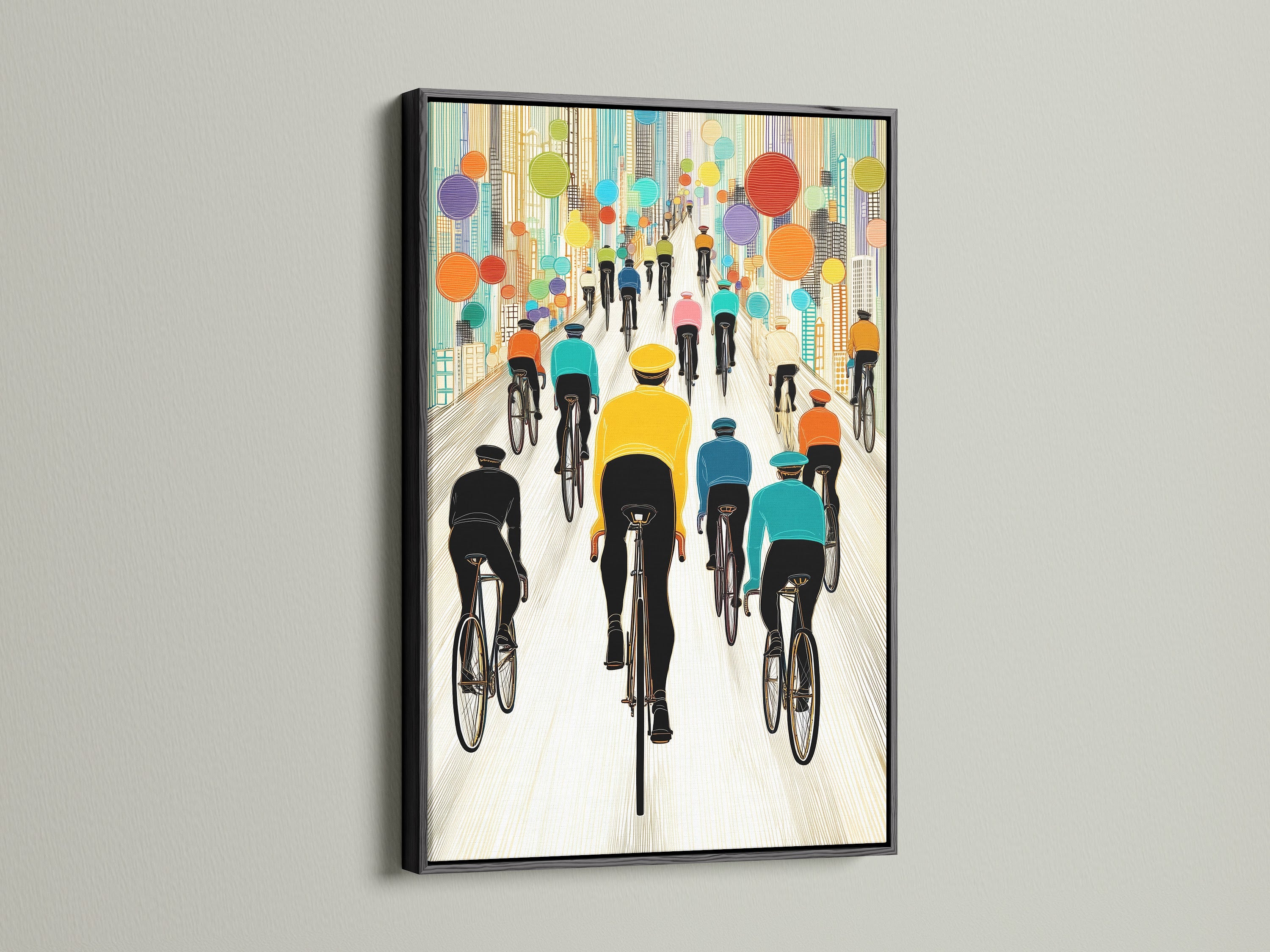Bicycle Race canvas print in a black frame. This modern cycling artwork is perfect for office decor. Enhance your living space with this vibrant cityscape art. A great gift for cyclists and art collectors.