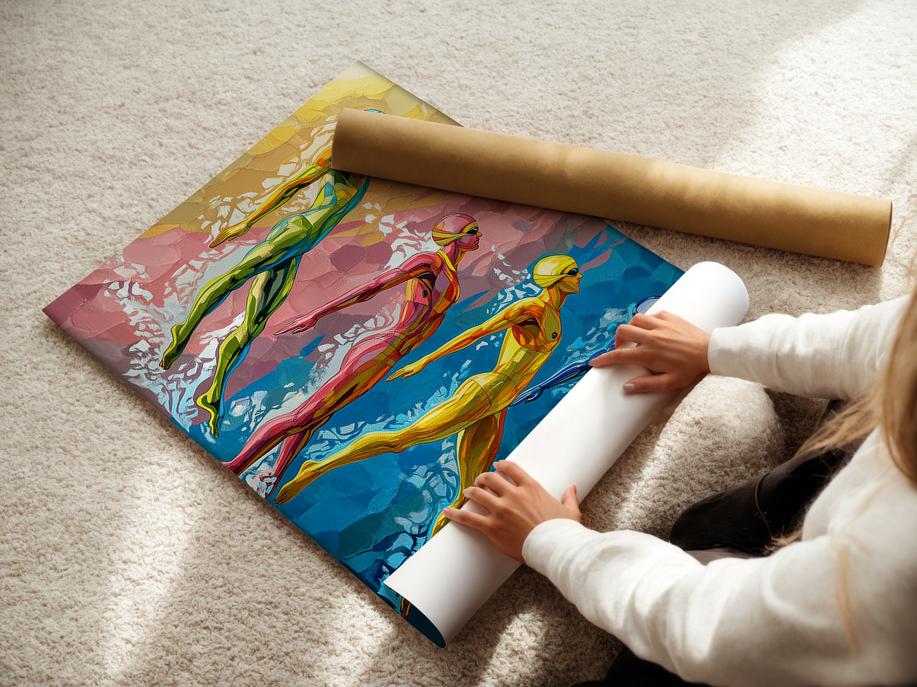 A woman is carefully rolling a fine art poster paper print of the Swimming Pool Art Print. Get ready to display this vibrant swimmer canvas art. Perfect for any room seeking a sporty touch. Elevate your interior with this contemporary art.