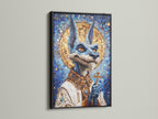 Anubis Mosaic Artwork Print with a black frame. The artwork is an Egyptian God Wall Art piece. It features blue and gold religious imagery. Perfect gothic art for libraries. A black frame adds a touch of sophistication.