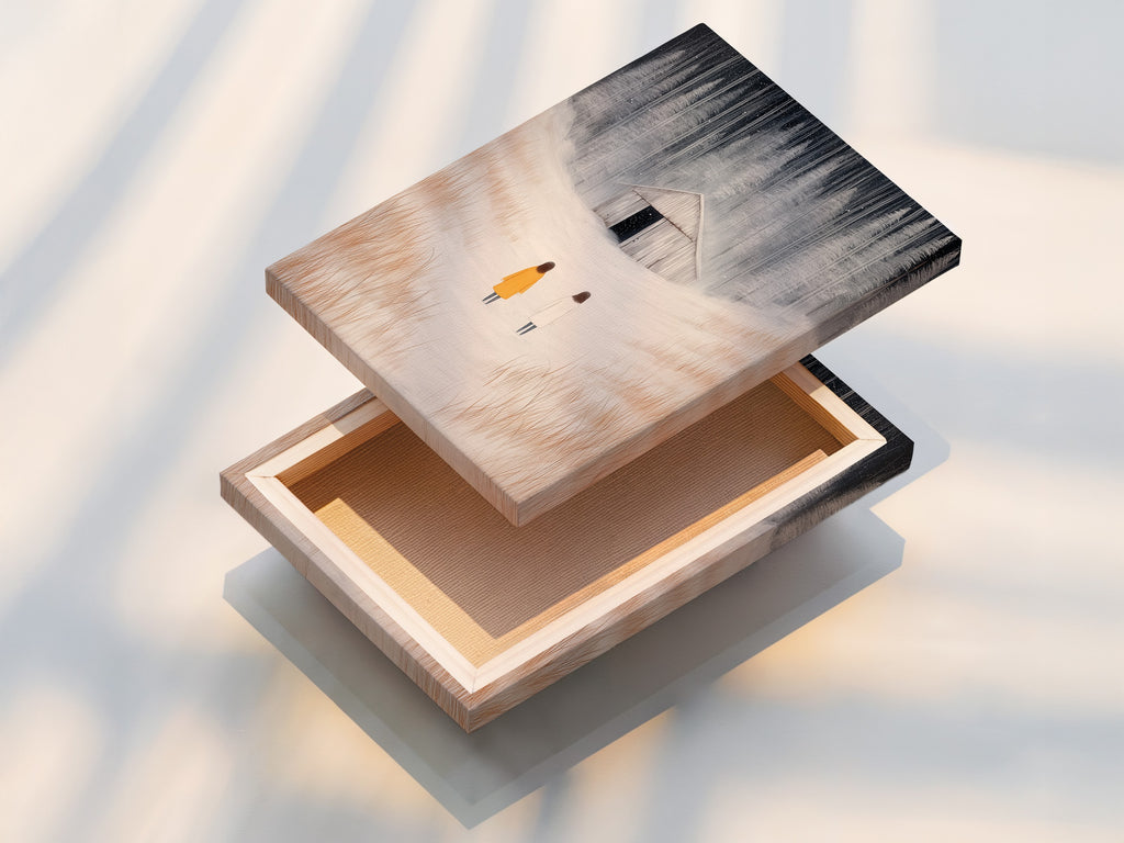 Stretched canvas print displaying winter landscape artwork. Figures are featured in a snowy field. This minimalist piece is perfect for a living room or bedroom. It enhances modern decor.