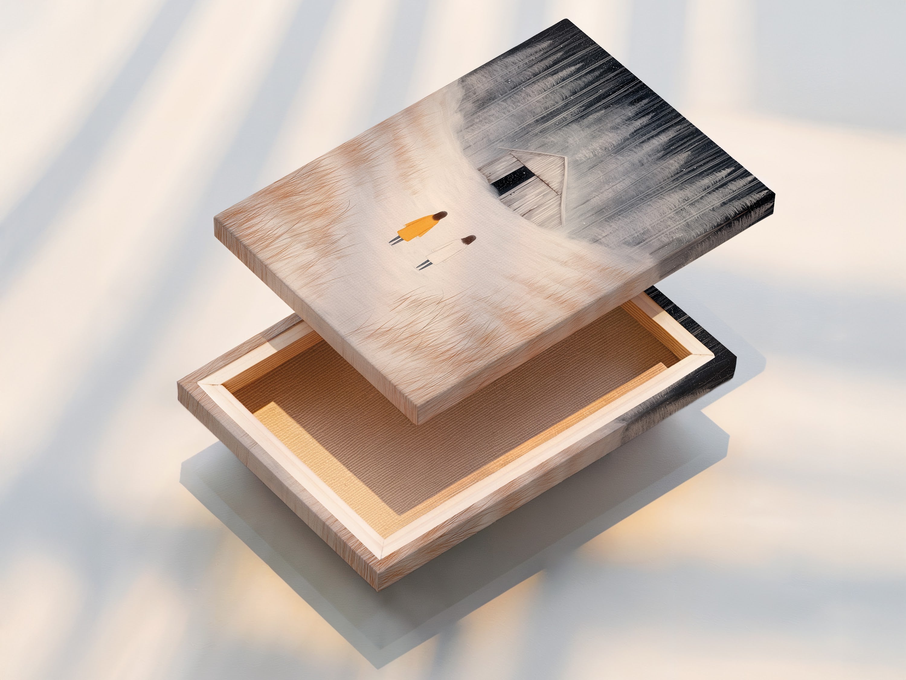 Stretched canvas print displaying winter landscape artwork. Figures are featured in a snowy field. This minimalist piece is perfect for a living room or bedroom. It enhances modern decor.