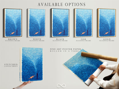 Available options include a stretched canvas print fine art poster paper and floating frame. Choose the perfect format for your musical artwork. The surreal violin wall art suits any decor style. The indigo blue art print enhances living and workspaces.
