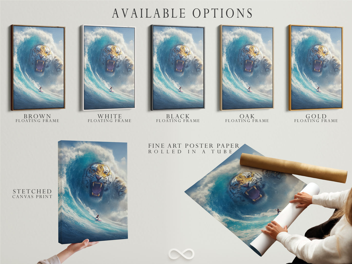 Available options for the surreal tiger wave art include a stretched canvas print. A fine art poster paper and a floating frame are also available. The art features a surfer and a tiger wave.