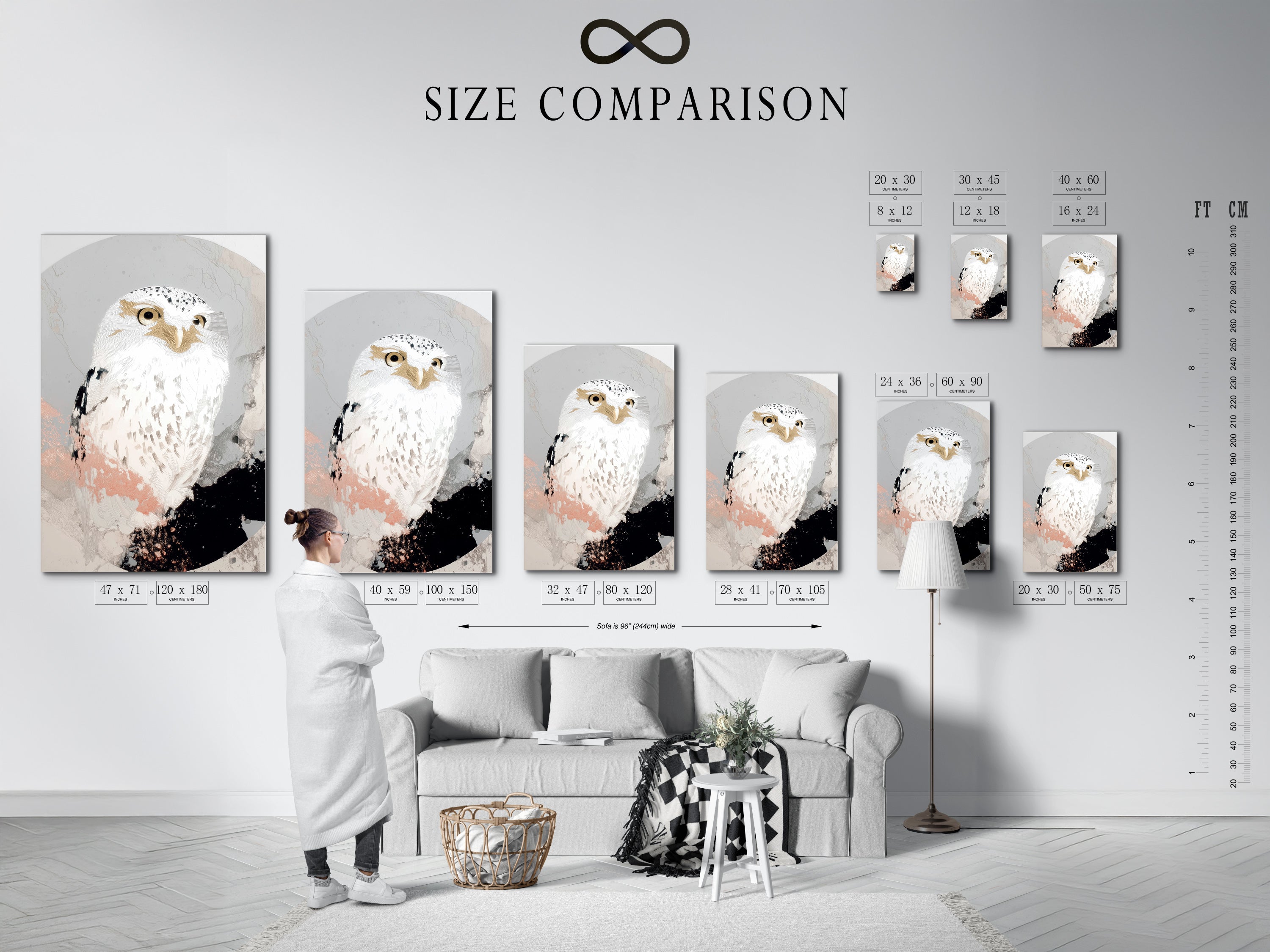Use our size comparison chart to find the perfect fit for your space. See how the white owl artwork looks in different sizes. This helps you visualize the art in your interior. Choose the ideal size for your living room or bedroom. Shop now and find the perfect piece.