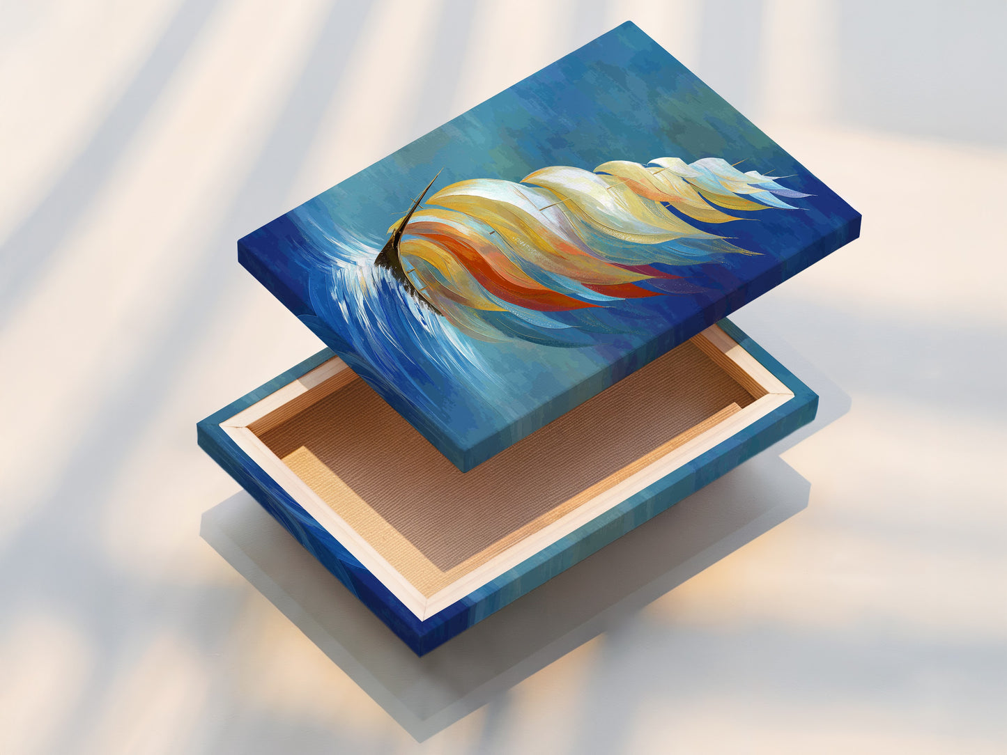 A stretched canvas print displays abstract sailboat artwork. The canvas texture enriches the nautical theme. This piece is ready to hang as coastal wall art. The stretched canvas provides a gallery-worthy look. Perfect for living rooms bedrooms or offices seeking ocean art.