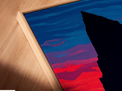 A close-up of a canvas print in a floating frame is displayed at an angle. The coastal arch canvas print enhances the artwork. The floating frame adds depth and dimension. Modern ocean view artwork is perfect for contemporary homes. Elevate your wall decor with a touch of sophistication.