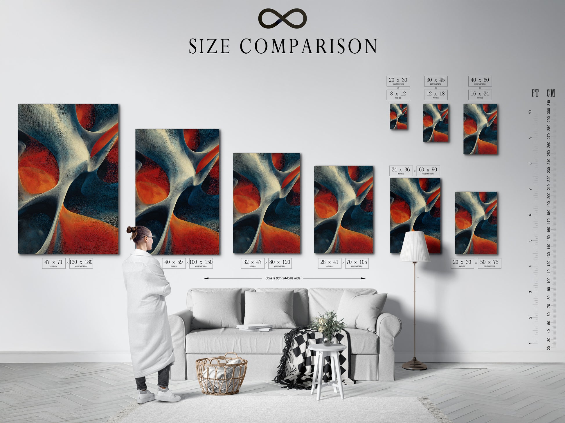 A size comparison chart displayed in an interior setting. The chart showcases various sizes of artwork. The sizes help visualize how each piece will look in a room. This is an essential tool for choosing the perfect artwork for your space.