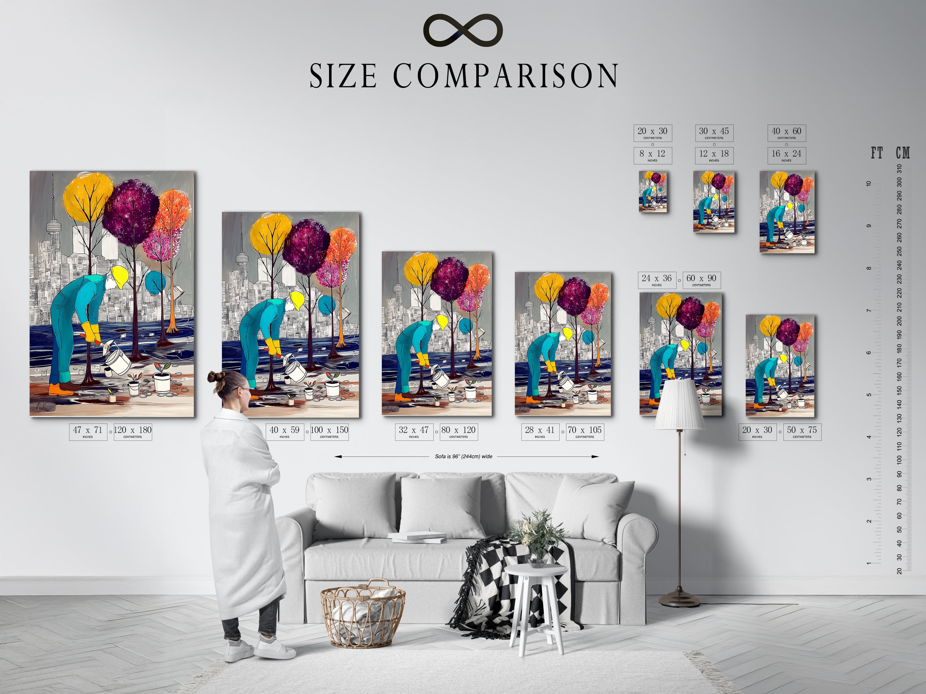 A size comparison chart is displayed in an interior setting. Various sizes of the City Gardener artwork are shown. Find the perfect fit for your space. Choose from stretched canvas prints fine art posters or floating frames. Visualize how this modern artwork will enhance your decor.