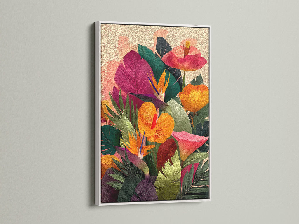 A white frame surrounds a floral artwork. The artwork features colorful leaves and flowers. The white frame offers a clean and modern look. It allows the artwork to stand out. The framed artwork brings a fresh feel to the room.