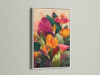 A white frame surrounds a floral artwork. The artwork features colorful leaves and flowers. The white frame offers a clean and modern look. It allows the artwork to stand out. The framed artwork brings a fresh feel to the room.