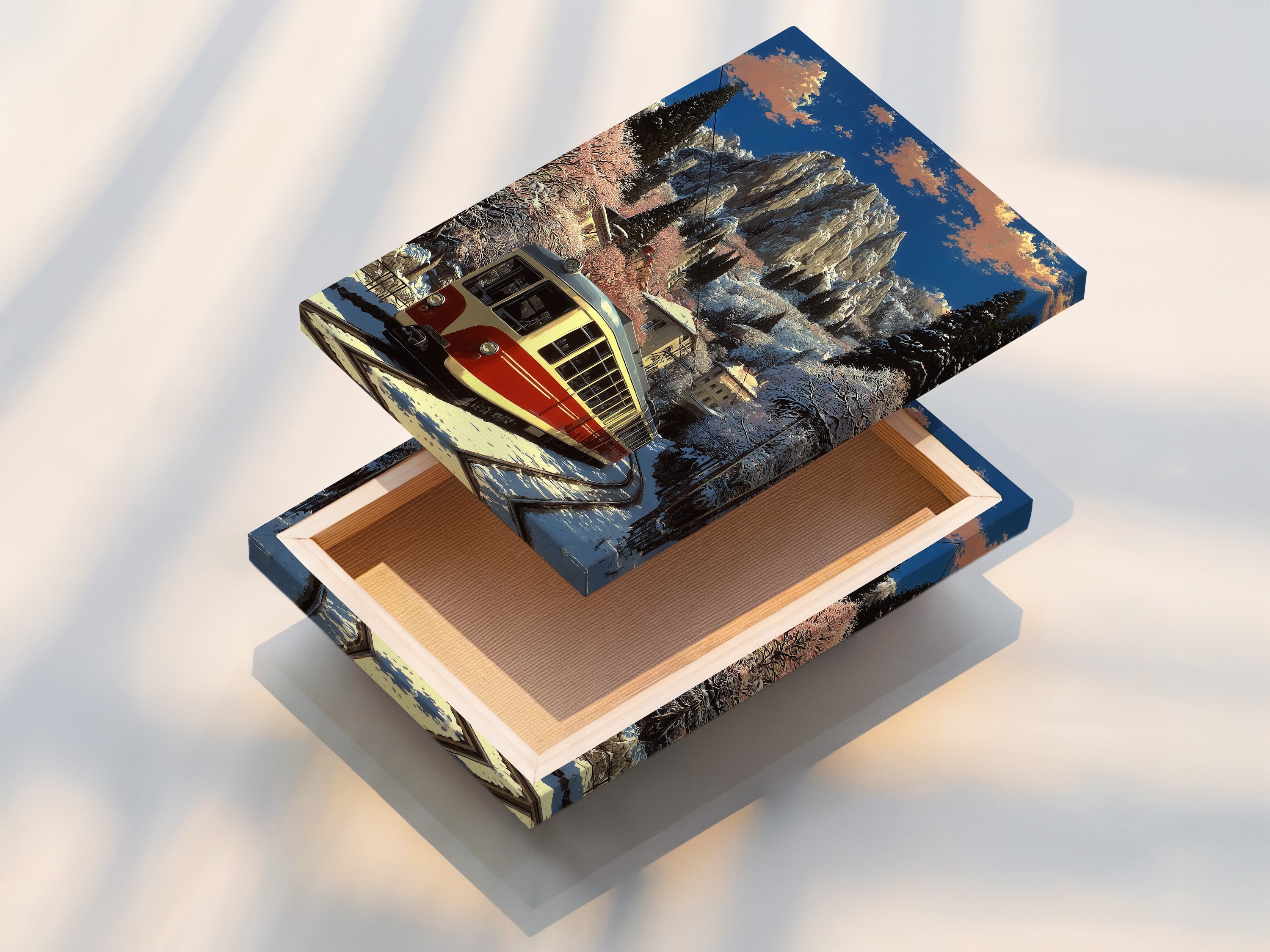 A stretched canvas print of vintage train artwork. The art shows an alpine mountain railway in a winter landscape. This canvas print is ready to hang. It brings vintage charm to any room.