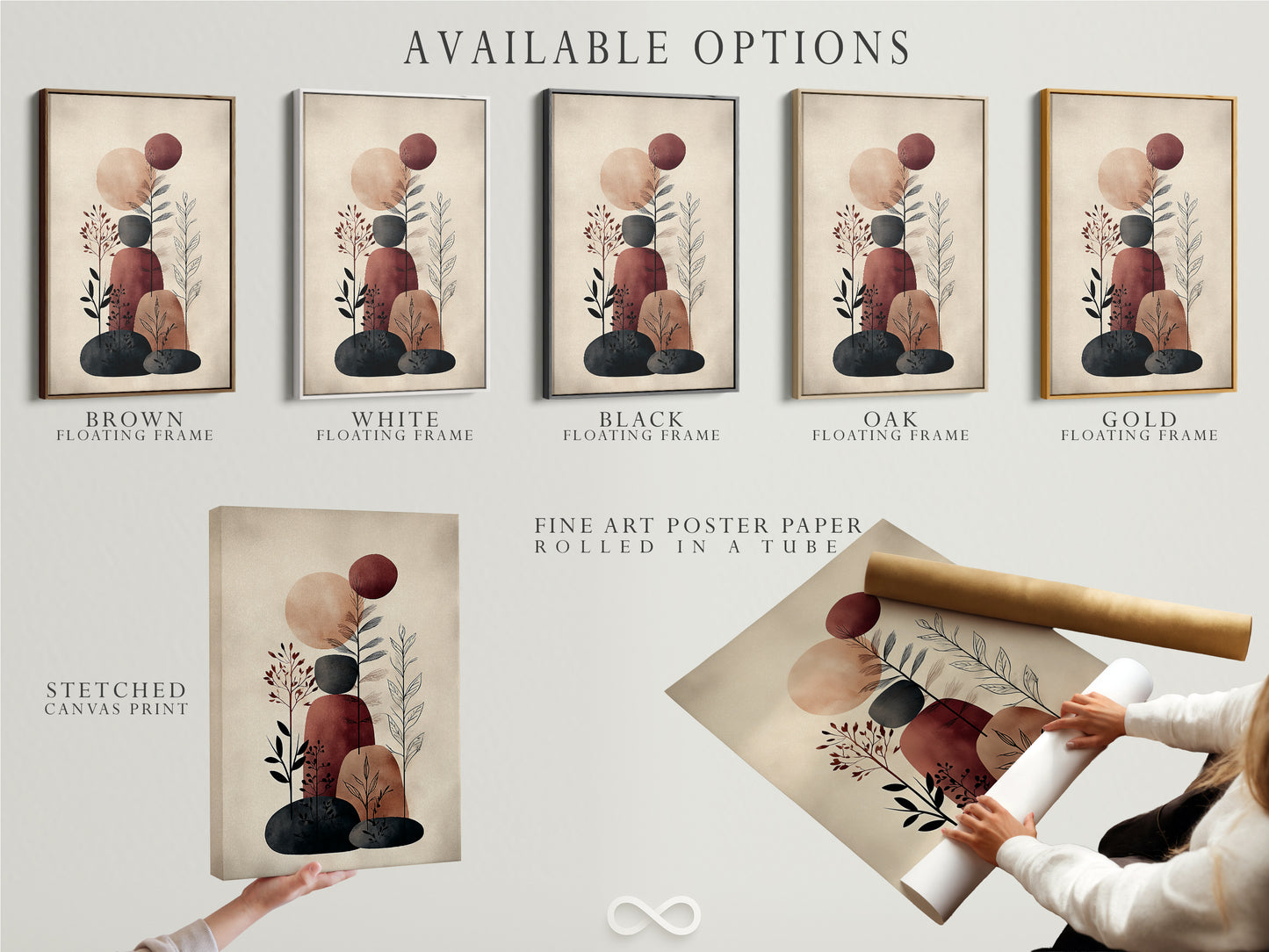 Explore available options for your abstract botanical art. Choose from a stretched canvas print fine art poster paper or floating frame. Customize your minimalist artwork to perfectly match your style. Enhance your earth tone decor with a personalized plant canvas.