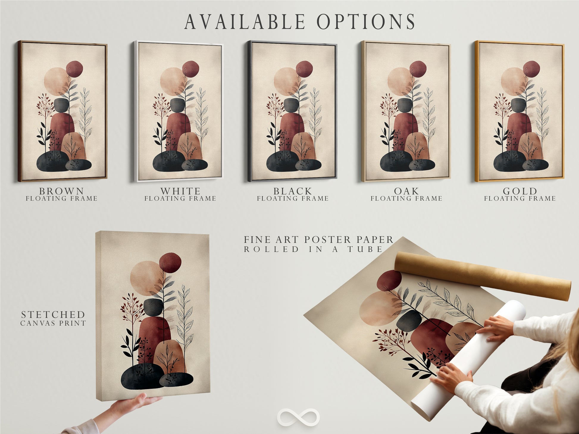 Explore available options for your abstract botanical art. Choose from a stretched canvas print fine art poster paper or floating frame. Customize your minimalist artwork to perfectly match your style. Enhance your earth tone decor with a personalized plant canvas.