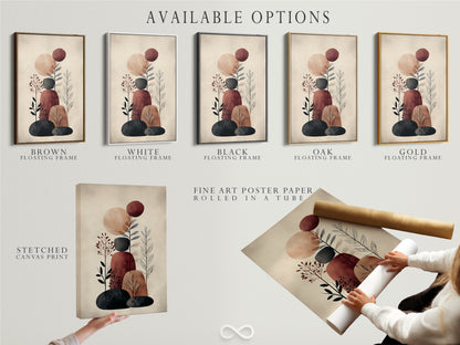 Explore available options for your abstract botanical art. Choose from a stretched canvas print fine art poster paper or floating frame. Customize your minimalist artwork to perfectly match your style. Enhance your earth tone decor with a personalized plant canvas.