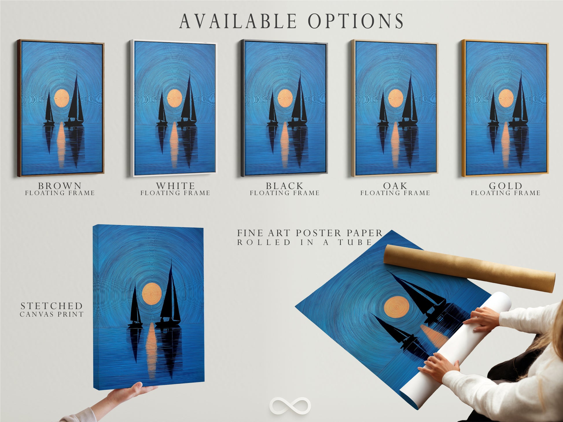 Available options include a stretched canvas print a fine art poster paper and a floating frame. The nautical artwork shows navy blue sailboats and a sunset. Choose your ideal format for coastal art. Perfect for minimalist Scandinavian or coastal styles. Elevate your home decor today.