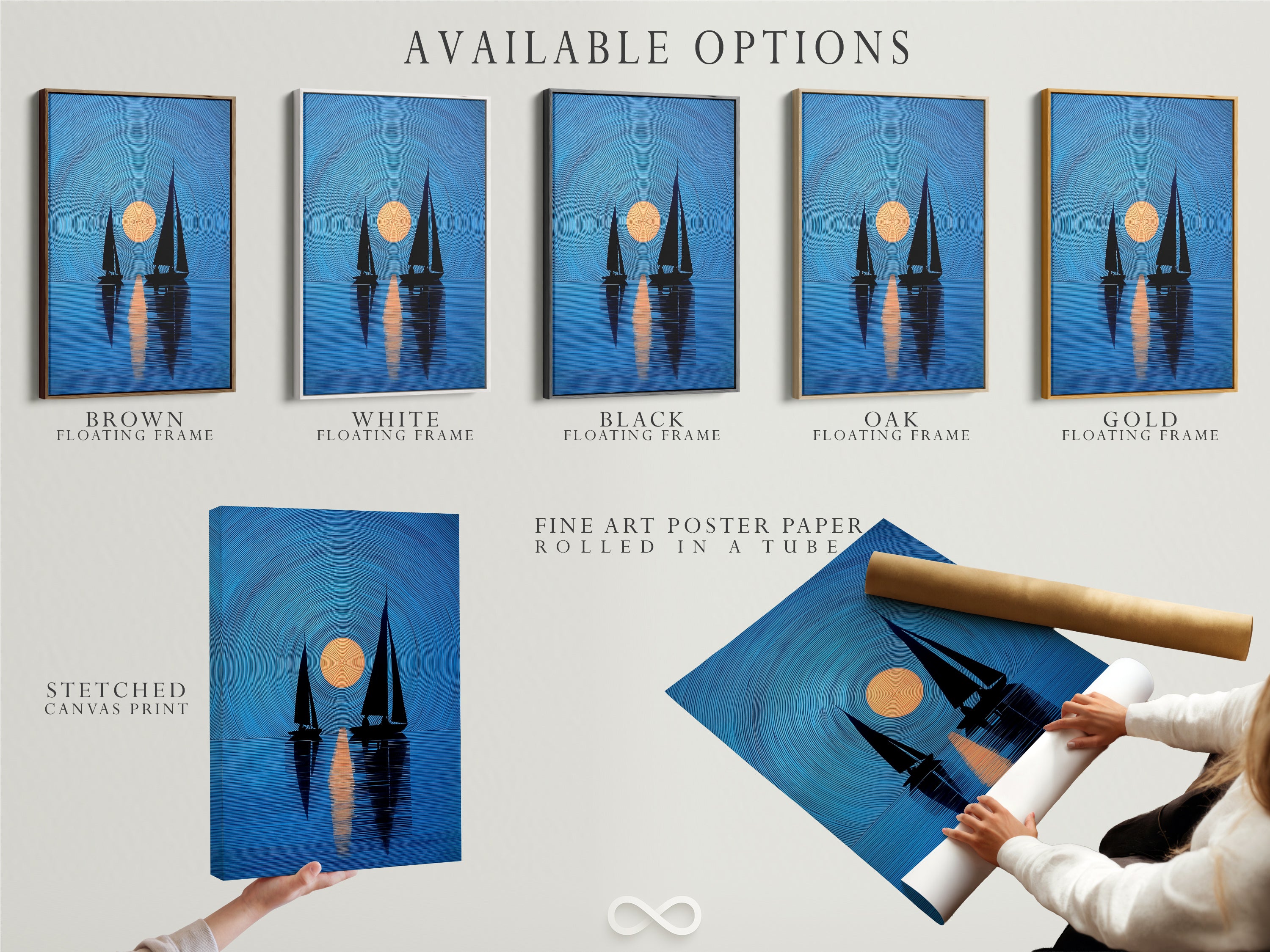 Available options include a stretched canvas print a fine art poster paper and a floating frame. The nautical artwork shows navy blue sailboats and a sunset. Choose your ideal format for coastal art. Perfect for minimalist Scandinavian or coastal styles. Elevate your home decor today.