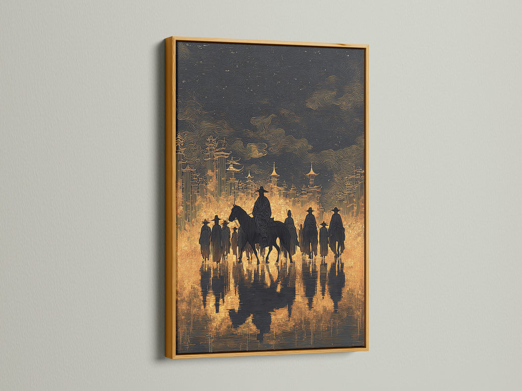 Western Cowboys Canvas Print framed in gold. This is the ultimate in western wall art. The artwork will complement rustic farmhouse industrial or eclectic styles. This canvas print is amazing.
