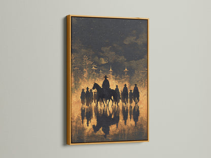 Western Cowboys Canvas Print framed in gold. This is the ultimate in western wall art. The artwork will complement rustic farmhouse industrial or eclectic styles. This canvas print is amazing.