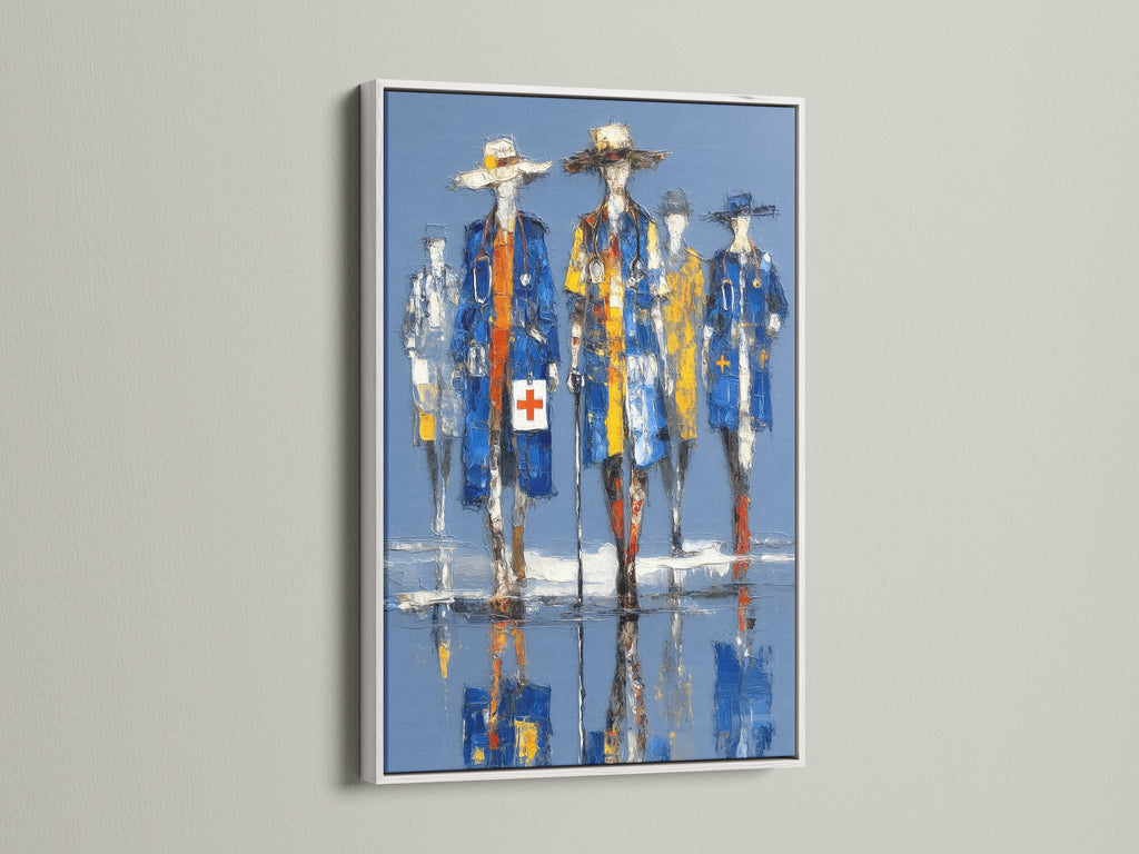 White frame highlights medical heroes artwork. The doctor canvas print adds sophistication. The abstract medical art is perfect for hospital wall art. Healthcare artwork for clinics.