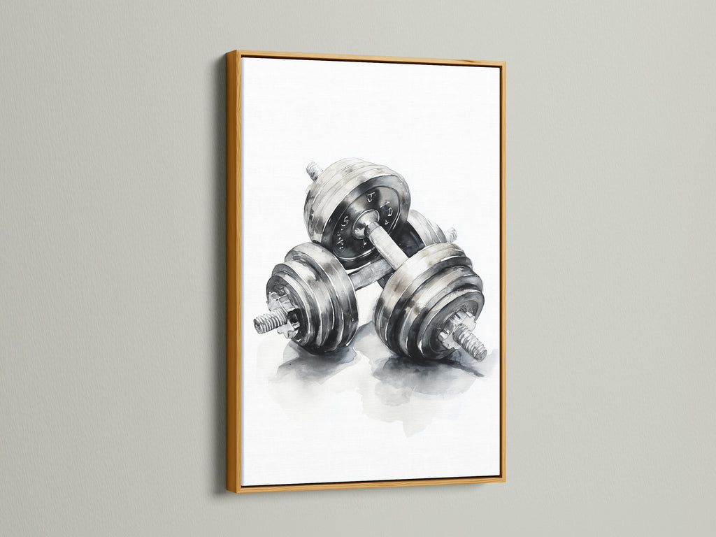 Artwork of dumbbells framed in a gold frame. The gold frame offers a luxurious touch. Elevate your artwork with a gold frame. It's a timeless choice to showcase artwork.