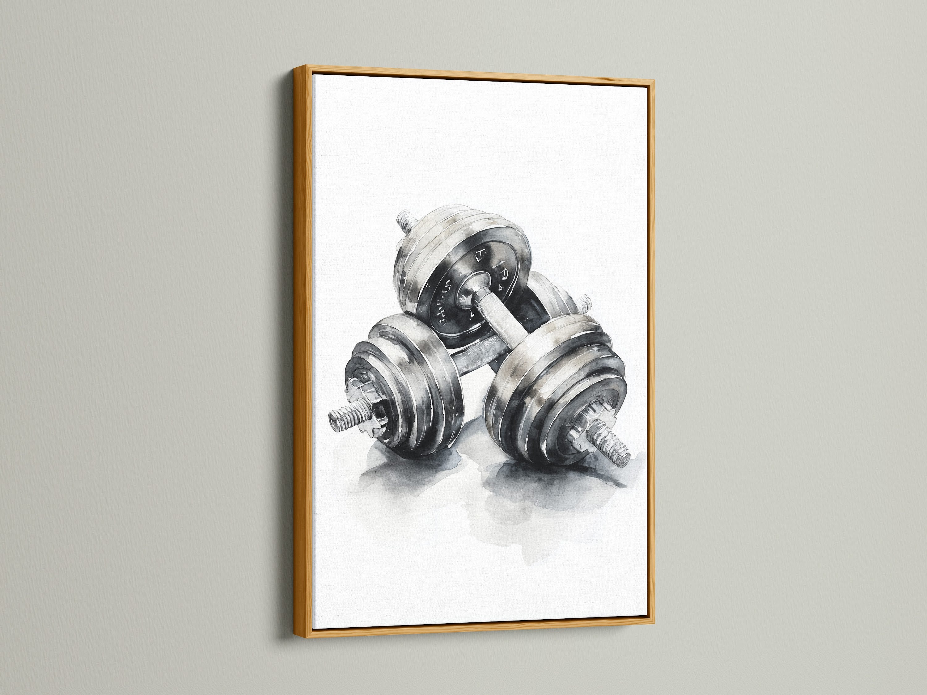 Artwork of dumbbells framed in a gold frame. The gold frame offers a luxurious touch. Elevate your artwork with a gold frame. It's a timeless choice to showcase artwork.