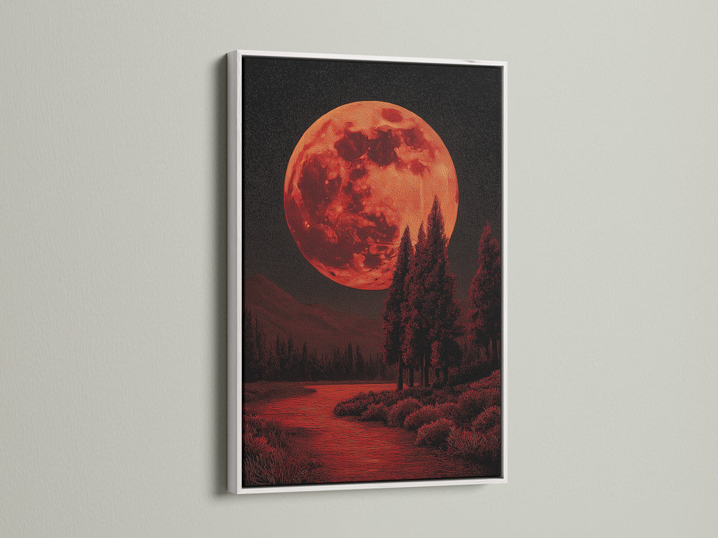 Mystical forest landscape artwork is elegantly presented in a white frame. This moon canvas print offers a serene yet gothic touch. Ideal for creating a calming atmosphere in bedrooms or living spaces. Check it out now.