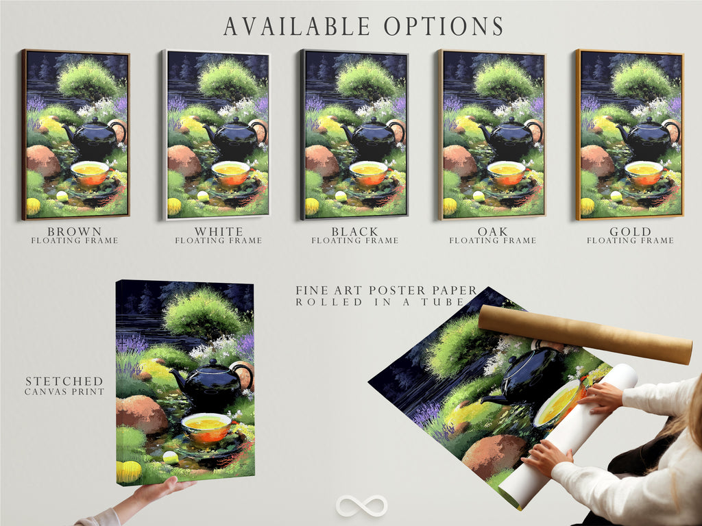 Discover the available options for the Tea Time Canvas Print. Choose from stretched canvas print fine art poster paper or a floating frame. This botanical art is perfect for any space. Enhance your home with this calming garden scene and tea kettle art designed for tea lovers.
