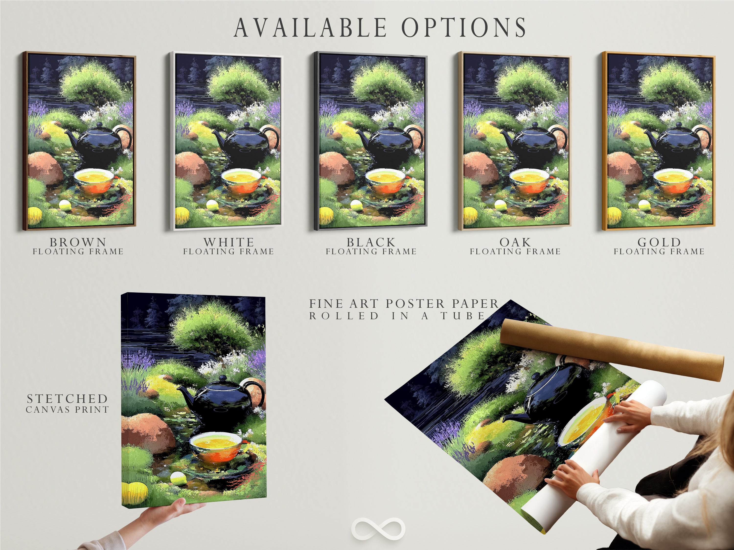 Discover the available options for the Tea Time Canvas Print. Choose from stretched canvas print fine art poster paper or a floating frame. This botanical art is perfect for any space. Enhance your home with this calming garden scene and tea kettle art designed for tea lovers.