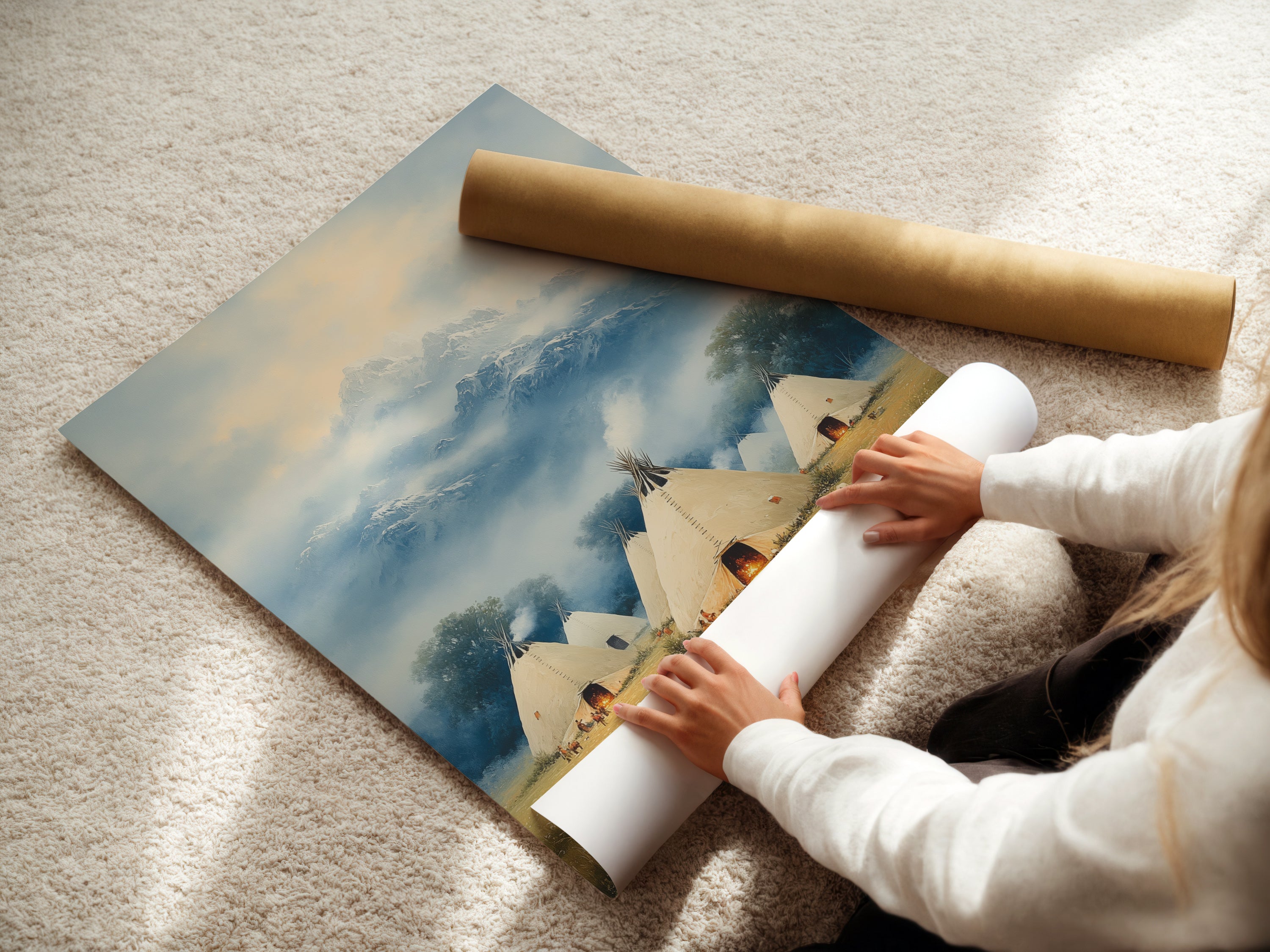 A woman carefully rolling a fine art poster print of Native American Teepee Mountain Wall Art. This tranquil art is perfect for any space. The fine art paper ensures a high-quality print. Ideal for lovers of indigenous artwork. Add a touch of nature artwork to your walls.