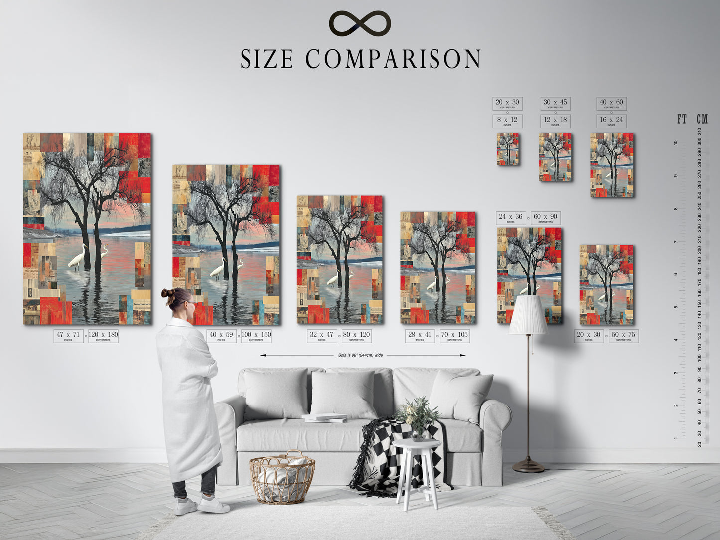 Size comparison chart showcasing Crane Bird Abstract Lake artwork in an interior setting. Visualize how this modern nature print fits into your space. This serene wall art enhances any room's aesthetic. Available in various sizes.