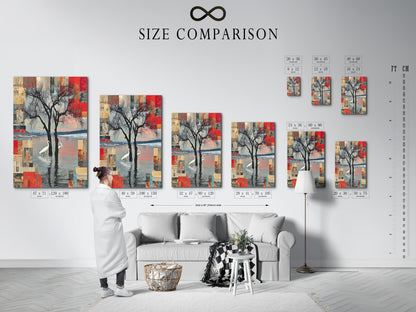 Size comparison chart showcasing Crane Bird Abstract Lake artwork in an interior setting. Visualize how this modern nature print fits into your space. This serene wall art enhances any room's aesthetic. Available in various sizes.