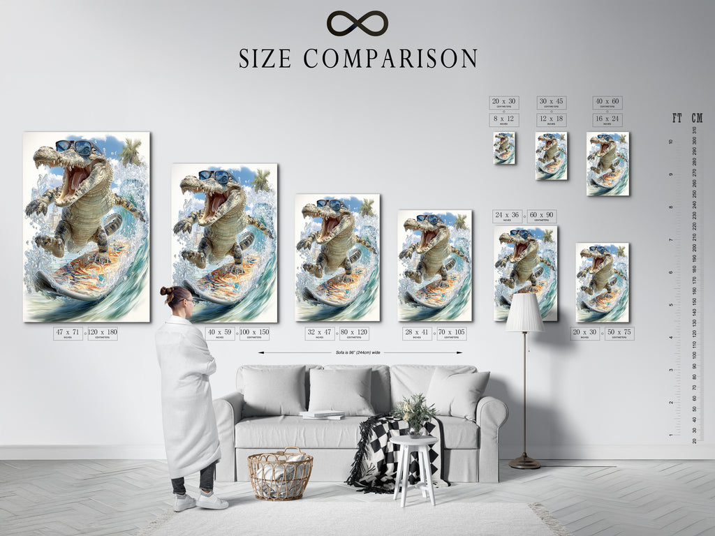 Size comparison chart in an interior setting featuring the alligator art. This cool animal print is on a tropical canvas. The funny animal art makes great beach house decor and is perfect for a kids room adding character.